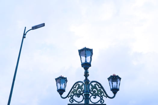 Vintage city lamp with blue sky view and clouds photo