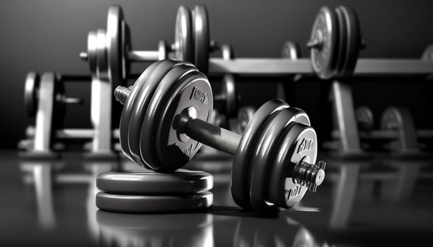 Metal dumbbells with background blurred gym interior photo