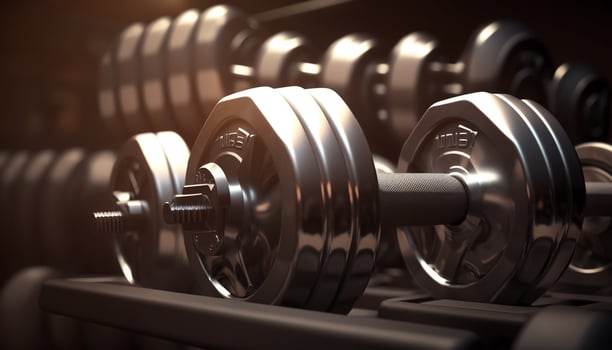 Metal dumbbells with background blurred gym interior photo