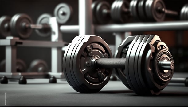 Metal dumbbells with background blurred gym interior photo