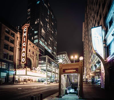 March 3 2023. Chicago, Illinois. Architecture and buildings in downtown Chicago at night. photo