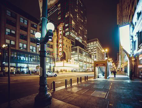 March 3 2023. Chicago, Illinois. Architecture and buildings in downtown Chicago at night. photo