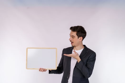 Portrait of happy businessman showing blank signboard on isolated white background photo