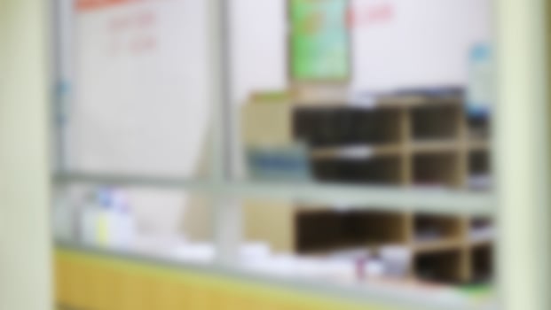 Indonesia - Jakarta, March 17 2023, Blurred background of hospital pharmacy counter photo