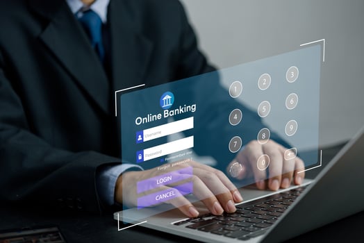 Businessman use laptops to work on digital marketing and data management,Online banking and digital money concept. Global network cybersecurity technology. photo