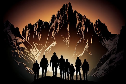 Silhouette of the team on the mountain. Leadership Concept photo
