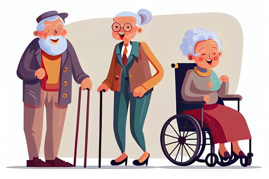 Cartoon old people. Happy aged citizens, disabled senior on older wheelchair and care seniors smiling photo