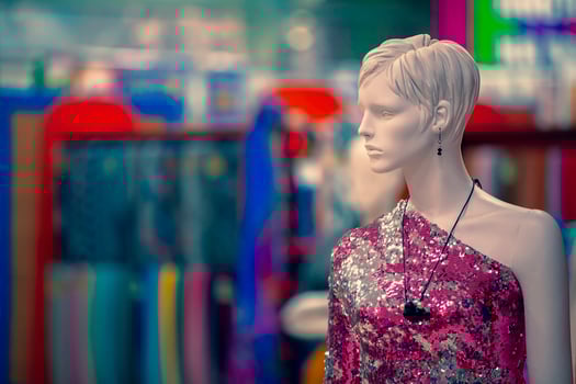 Female mannequin in a fabric store. White plastic woman. photo