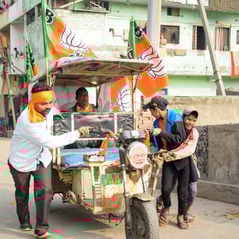 Delhi, India, December 02 2022 -Bharatiya Janata Party - BJP supporter during mega road show in support of BJP candidate Pankaj Luthara to file nomination papers ahead of MCD local body Elections 2022 photo