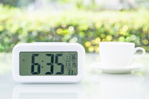 Digital clock at office with coffee cup photo