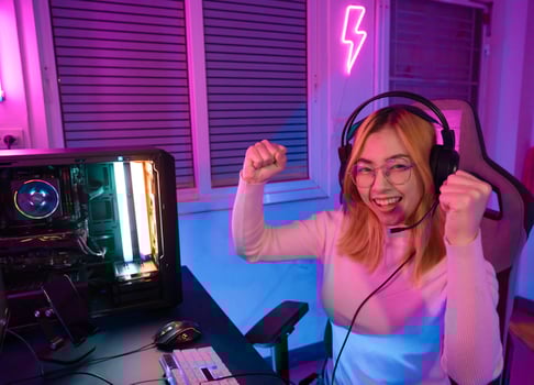 Asian woman gamer play computer video game concept. photo