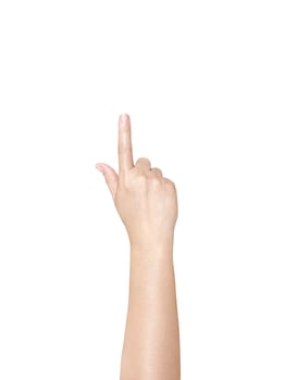 Female hand pointing upwards isolated on white background photo