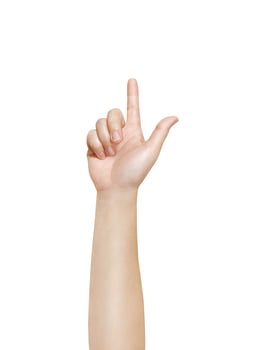 Female hand pointing upwards isolated on white background photo
