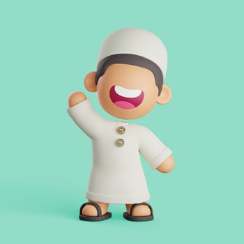 A 3D character of a Muslim wearing a traditional cap and robe joyfully waving his hand. photo