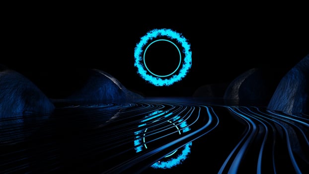 3D rendering. Imaginary landscape, neon lights in abstract blue ring flames. photo