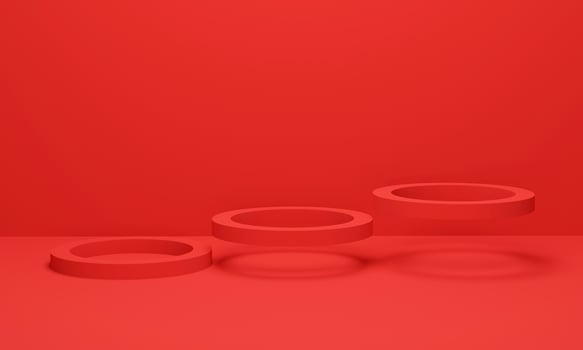 Three circle floating on red background. Abstract minimal scene geometric platform. 3d render illustration. photo