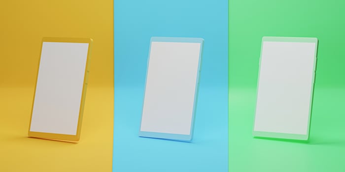 Smartphone mockup with different perspective views. Different phone colors with a blank display. 3D render. photo