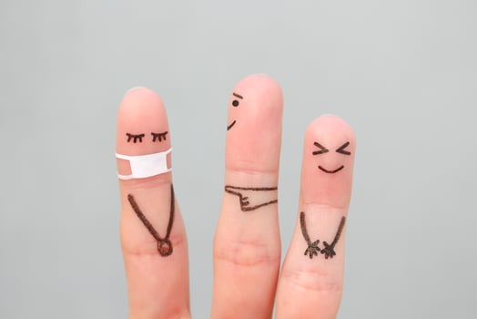 Fingers art of people. Concept children bullying their classmate in medical mask from COVID-2019. photo