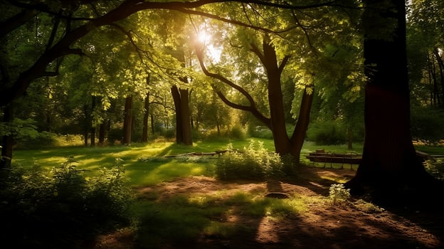 Summer trees and leaves in the rays of the sun, Summer, Summer park, Generative AI, photo