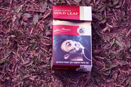 Bangladesh, February 17, 2020. Cigarettes pack on Natural Background.A pack of cigarettes is lying or fallen on the grass.Causes of cancer disease. Gold Leaf Company Cigarette.Too bad for health. photo