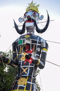 Ravnans being ignited during Dussera festival at ramleela ground in Delhi, India, Big statue of Ravana to get fire during the Fair of Dussera to celebrate the victory of truth by Lord Rama photo