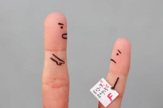Fingers art of people. Concept of boy got a bad grade, man scolding child. photo