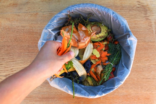 Domestic waste for compost from fruits and vegetables. Woman  throws garbage. photo