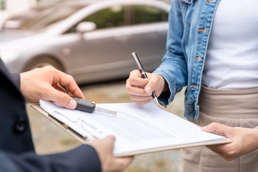 lease, rental car, sell, buy. Dealership send contract and car keys to new owner to sign. Sales, loan credit financial, rent vehicle, insurance, renting, Seller, dealer, installment, car care business photo