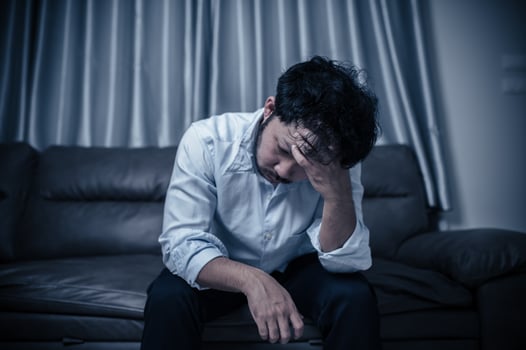 Asian handsome man stress from work overload,Tired male come back home after a lot of work from company,risk of depression photo