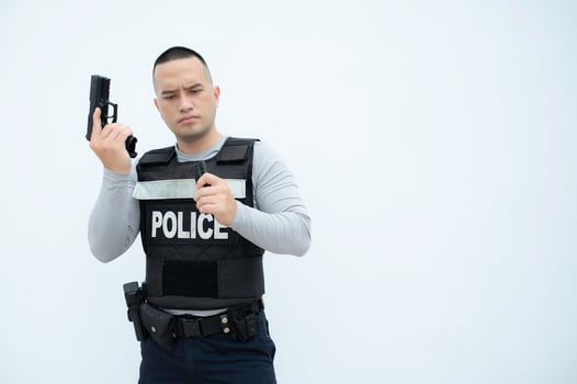 Portrait of police hold gun in hand on white background,Handsome asian cop photo