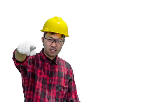 Technician wear helmet with Wrench in hand isolate on white background,Thailand people,Labor day concept photo
