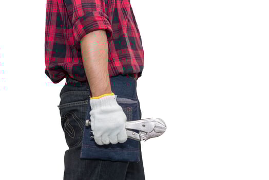Technician wear helmet with Wrench in hand isolate on white background,Thailand people,Labor day concept photo