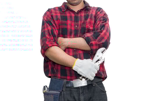 Technician wear helmet with Wrench in hand isolate on white background,Thailand people,Labor day concept photo
