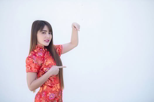 Portrait beautiful asian woman in Cheongsam dress,Thailand people,Happy Chinese new year concept,Happy asian lady in chinese traditional dress photo