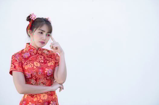 Portrait beautiful asian woman in Cheongsam dress,Thailand people,Happy Chinese new year concept,Happy asian lady in chinese traditional dress photo