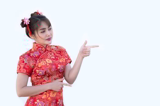 Portrait beautiful asian woman in Cheongsam dress,Thailand people,Happy Chinese new year concept,Happy  asian lady in chinese traditional dress photo