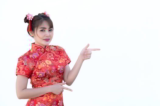 Portrait beautiful asian woman in Cheongsam dress,Thailand people,Happy Chinese new year concept,Happy  asian lady in chinese traditional dress photo
