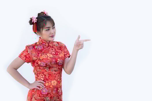 Portrait beautiful asian woman in Cheongsam dress,Thailand people,Happy Chinese new year concept,Happy  asian lady in chinese traditional dress photo