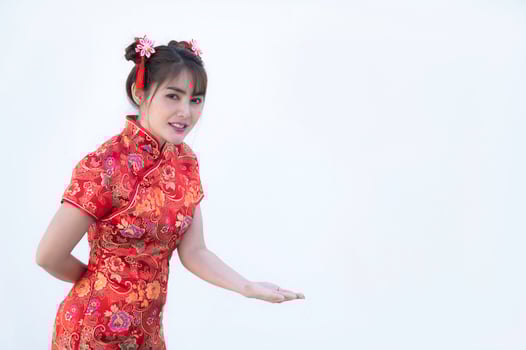 Portrait beautiful asian woman in Cheongsam dress,Thailand people,Happy Chinese new year concept,Happy  asian lady in chinese traditional dress photo