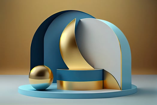 3d render of blue and gold podium. Background with geometric composition photo