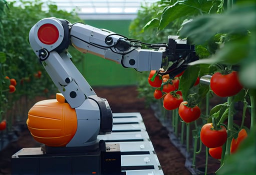 Technology automation of agriculture. Robot arm harvests vegetables in greenhouse photo