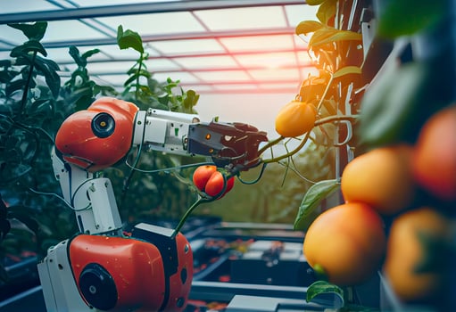 Technology automation of agriculture. Robot arm harvests vegetables in greenhouse photo