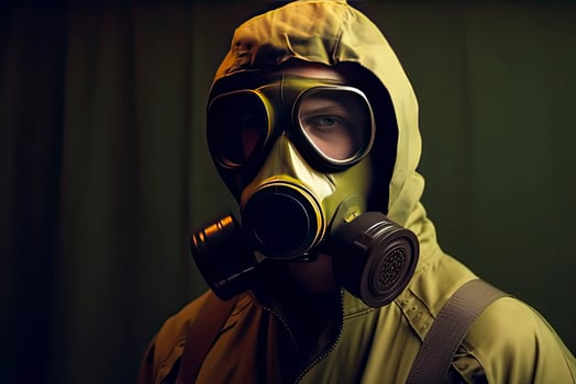 Man with a gas mask, nuclear war and environmental disaster, radioactivity catastrophe, military equipment photo