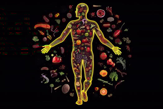 outline of a human with bolts of energy running through the body, the body is surrounded by fruit photo