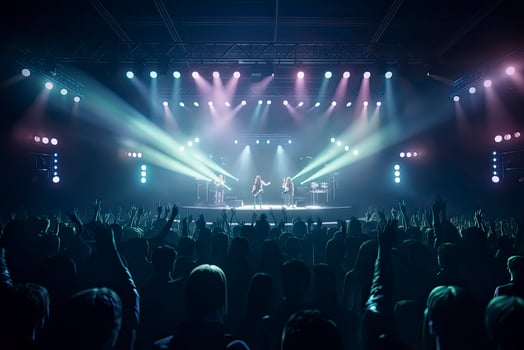 Future of crowded concert hall on stage with scene stage lights, rock show performance photo