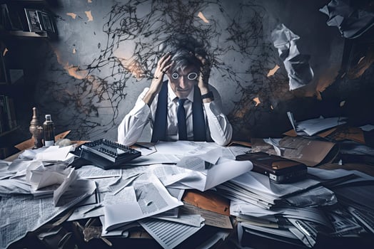 a conceptual collage about a businessman haunted by papers and reports representing the stress of the modern world at work. photo