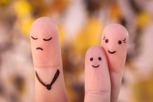 Finger art of family during quarrel. Concept of child is friends with his mother. Idea parents divorced, kid remained with mom. photo