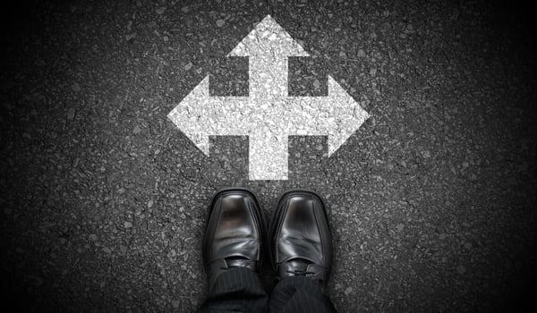 Black Business Shoes and Chalky Arrows in Three Directions on Asphalt - Choice Concept photo