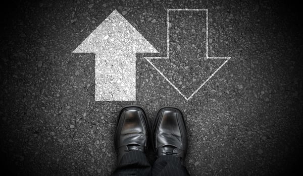 Black Business Shoes and Chalky Forward and Backward Arrows on Asphalt photo