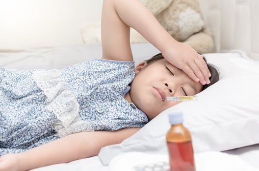 sick girl lying in bed with a thermometer photo